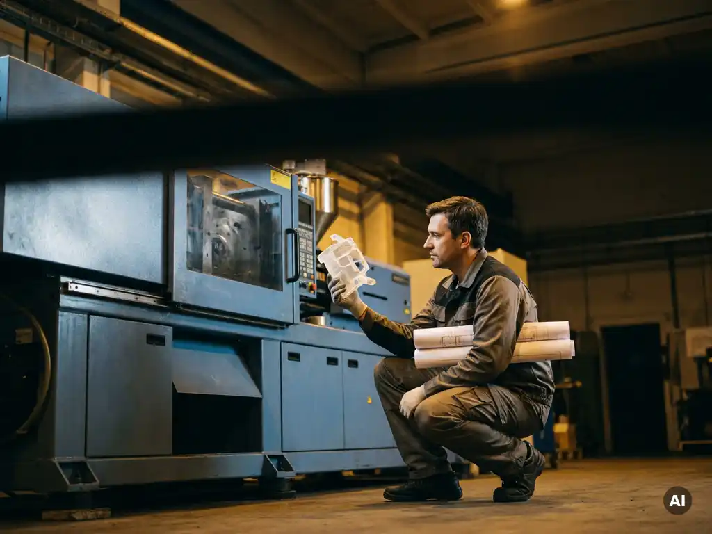 Ontwerper inspecteert plastic onderdeel bij industriële spuitgietmachine op fabrieksvloer, technische tekeningen onder de arm.