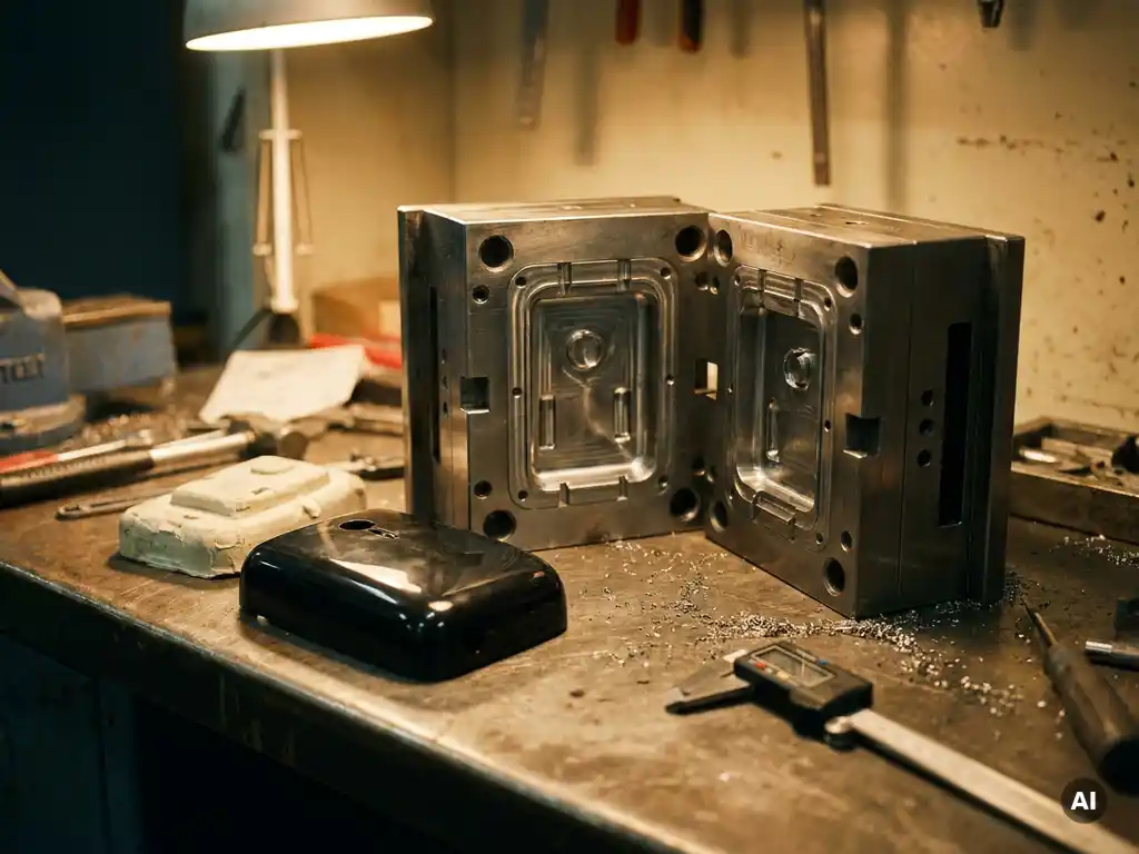Opengespleten kunststof spuitgietmal op stalen werkbank met afgewerkt productonderdeel, prototype en precisiecalipers erbij.
