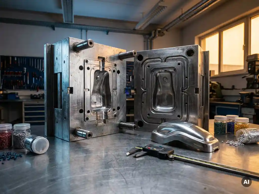 Open kunststof spuitgietmatrijs op stalen werkbank naast consumentenproduct prototype, meetschuif en materiaalmonsters.