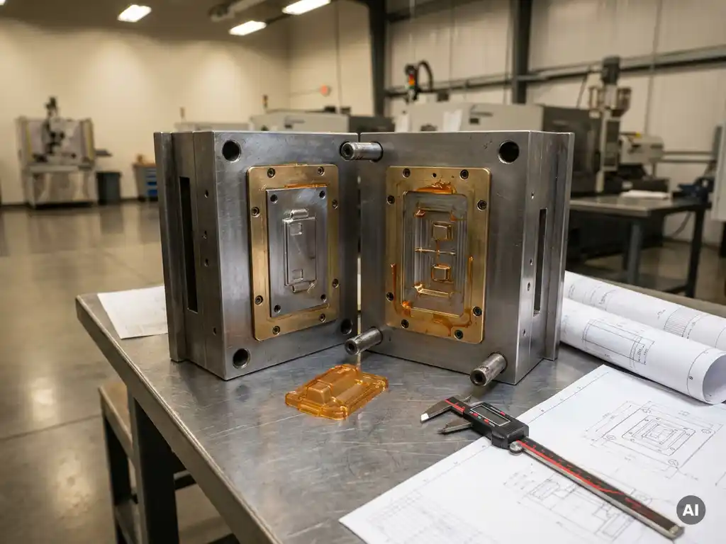 Open kunststof spuitgietmal op stalen werkbank met plastic prototype, digitale schuifmaat en technische tekeningen.