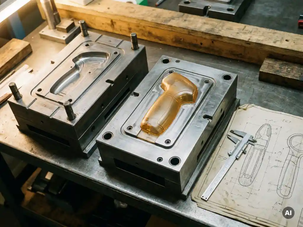 Open spuitgietmal op stalen werkbank met consumentenproduct prototype in de holte, meetschuif en technische tekening ernaast.