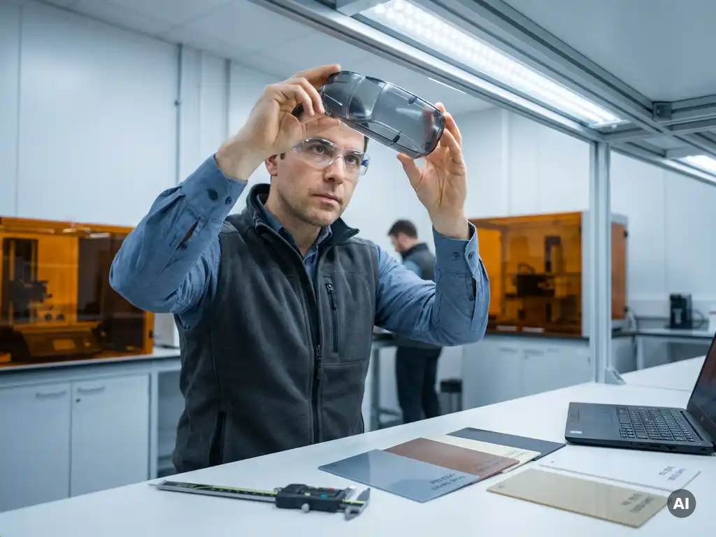 Werktuigbouwkundige inspecteert spuitgegoten kunststof prototype onder studiobelichting, met schuifmaten op witte werktafel.